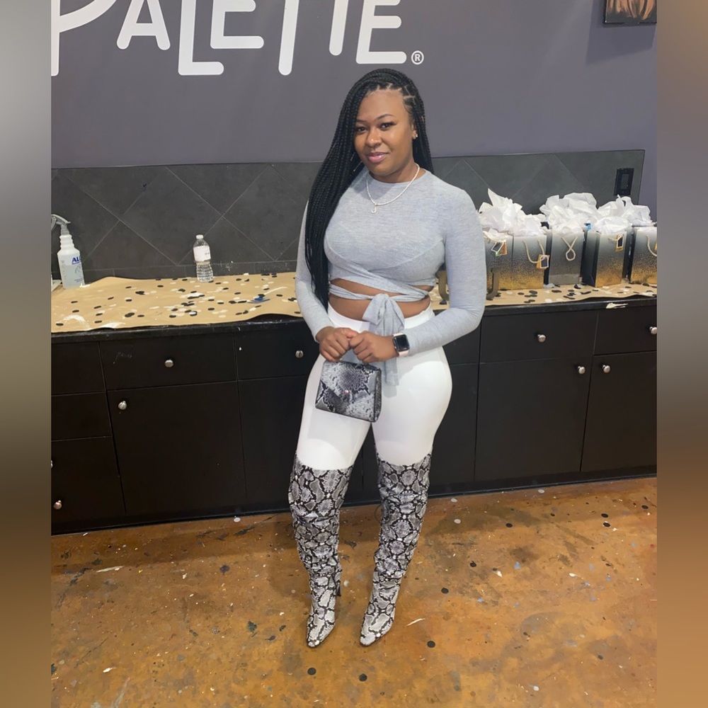 Gray thigh high snake skin boots